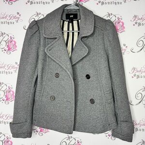 H&M Gray Women's Jacket blazer coat puff shoulder striped interior buttons